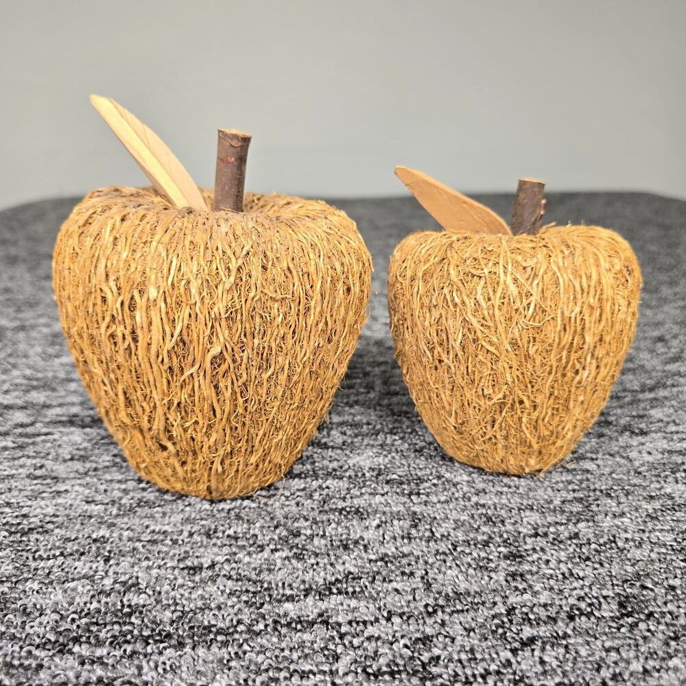 2 Rustic Decorative Apple Figurines Crafted Woven Natural Fibers & Twig Stem